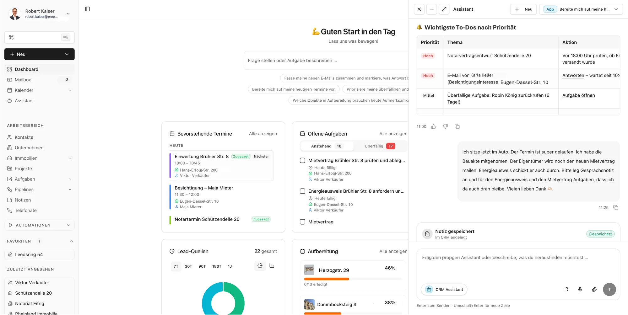 propgen Dashboard: Morning-Briefing mit Terminen, offenen Aufgaben, Lead-Quellen und dem KI-Assistenten, der offene Loops und Risiken priorisiert