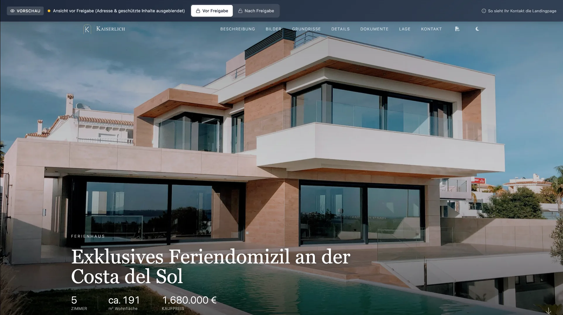 Web-Exposé von propgen: exklusives Feriendomizil an der Costa del Sol mit großem Bild-Hero, Eckdaten und KI-Chat — als gebrandete, teilbare Website